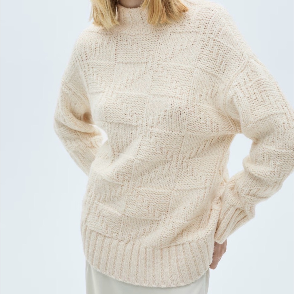 MANGO Chunky-Knit Sweater with Perkins Neck, Color Ecru, Size S